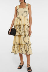 Midi-Sommerkleid mit quadratischem Ausschnitt, gesmoktem Stufenplissee und Blumenmuster - Gelb